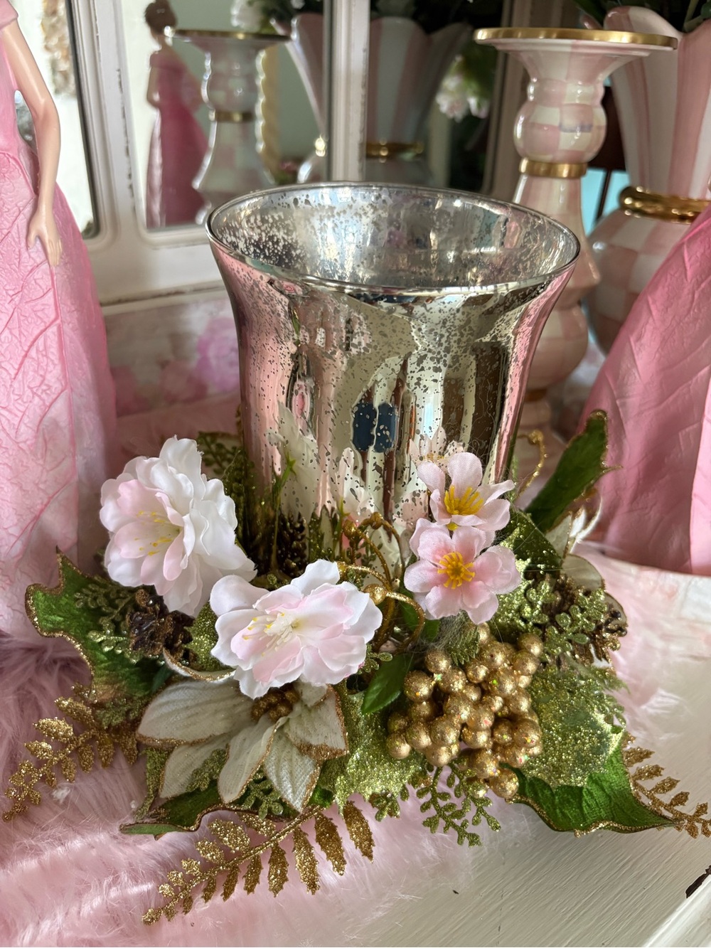 Pink & Gold Floral Mercury Glass Candle Centerpiece